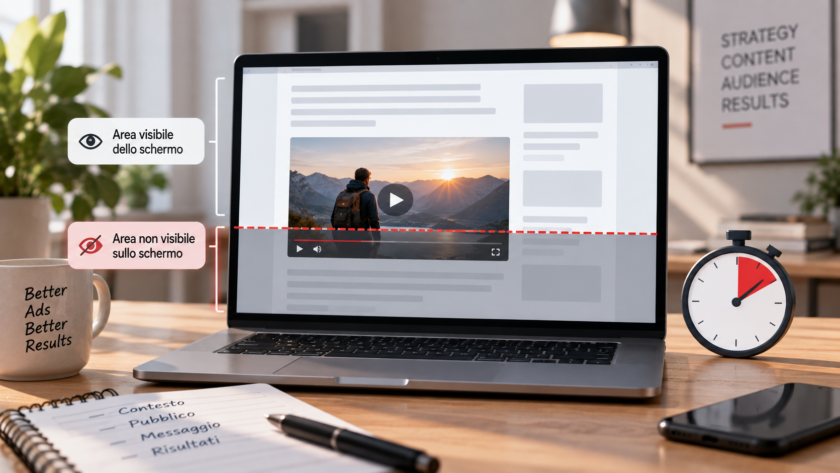 Illustrazione di un annuncio video parzialmente visibile in una pagina web, con il confine dello schermo e un cronometro.