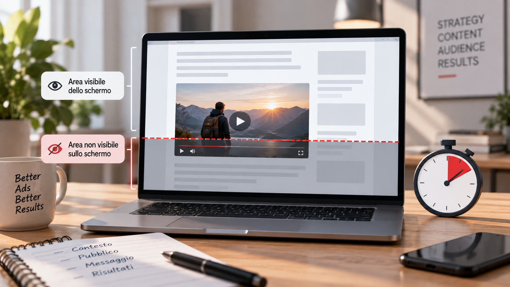 Illustrazione di un annuncio video parzialmente visibile in una pagina web, con il confine dello schermo e un cronometro.