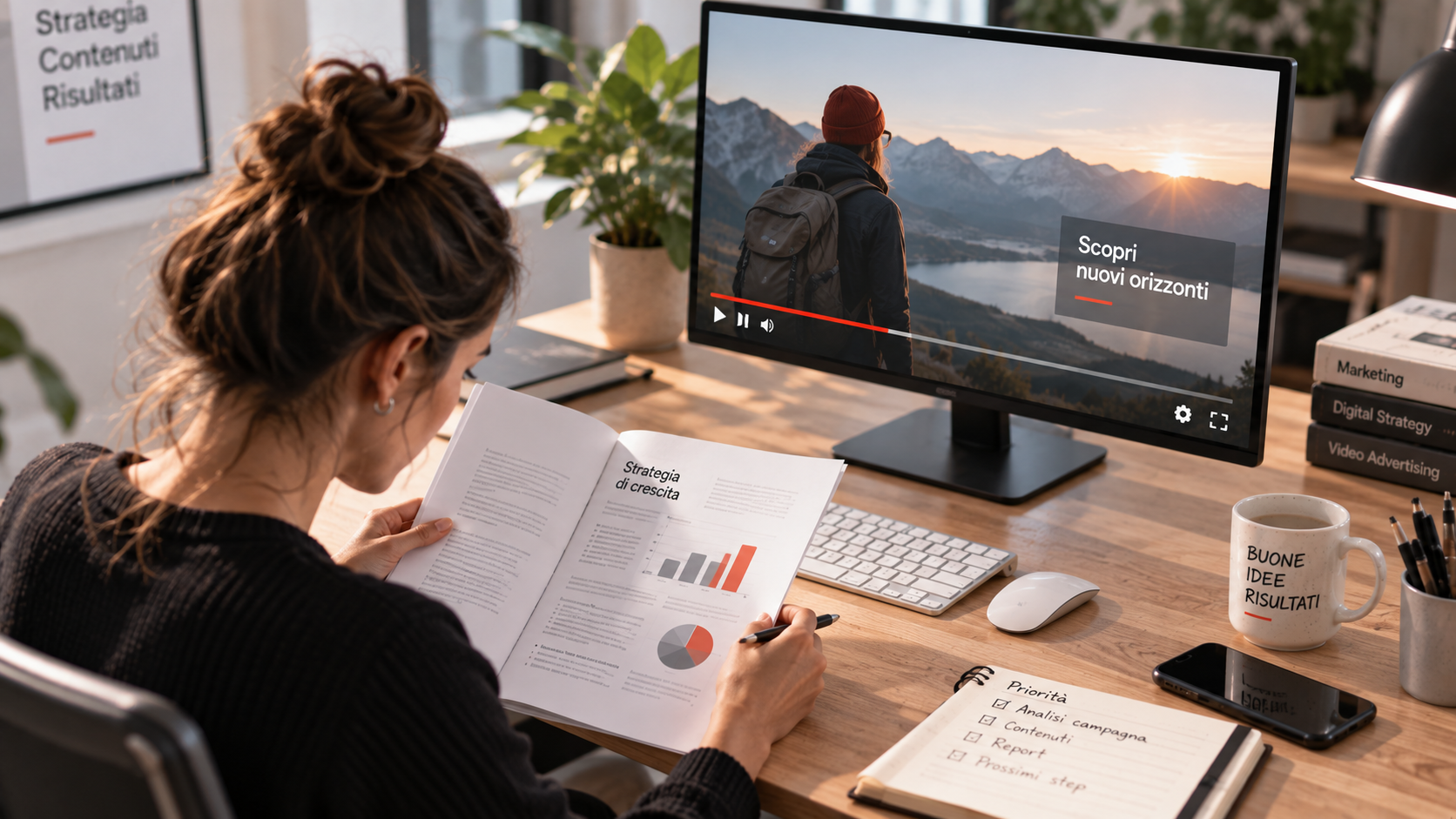 Persona consulta un documento mentre un annuncio video &egrave; visibile sul monitor, illustrando la differenza tra visibilit&agrave; e attenzione.