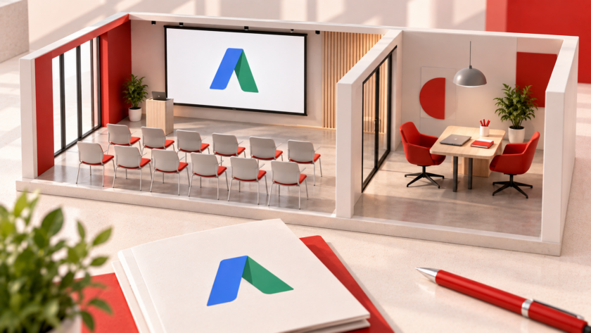 Modellino tridimensionale con una sala formazione e una postazione per incontri individuali, dedicato all'evento Google AdWords Milano 2016.