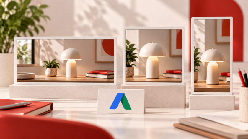 La stessa creatività pubblicitaria viene adattata a tre spazi di dimensioni differenti, rappresentando il funzionamento degli annunci display adattabili Google Ads.
