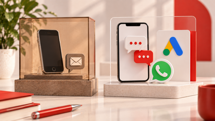 Confronto tra uno smartphone del 2016 con simbolo SMS e un dispositivo moderno con riferimenti a WhatsApp e Google Ads.