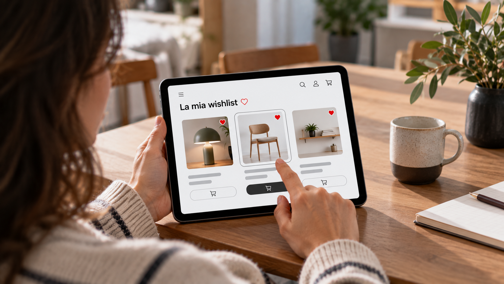 Persona consulta sul tablet una wishlist con lampada, sedia e mensola salvate in precedenza in un e-commerce.