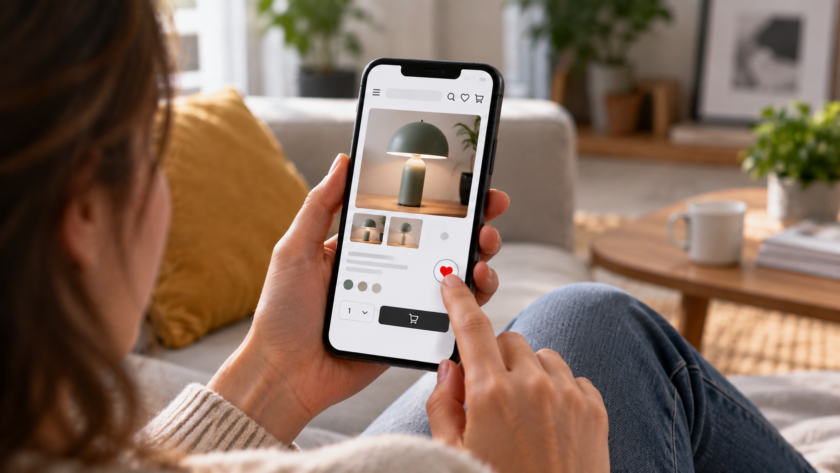 Persona salva una lampada nella wishlist di un e-commerce selezionando il cuore sulla scheda prodotto dello smartphone.