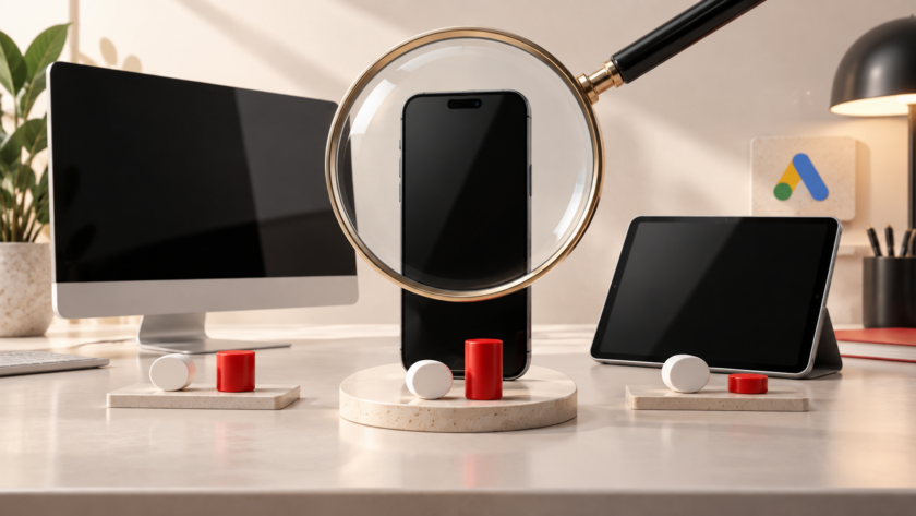 Smartphone, computer e tablet rappresentati su una postazione di analisi Google Ads, con lo smartphone al centro della valutazione delle prestazioni pubblicitarie.