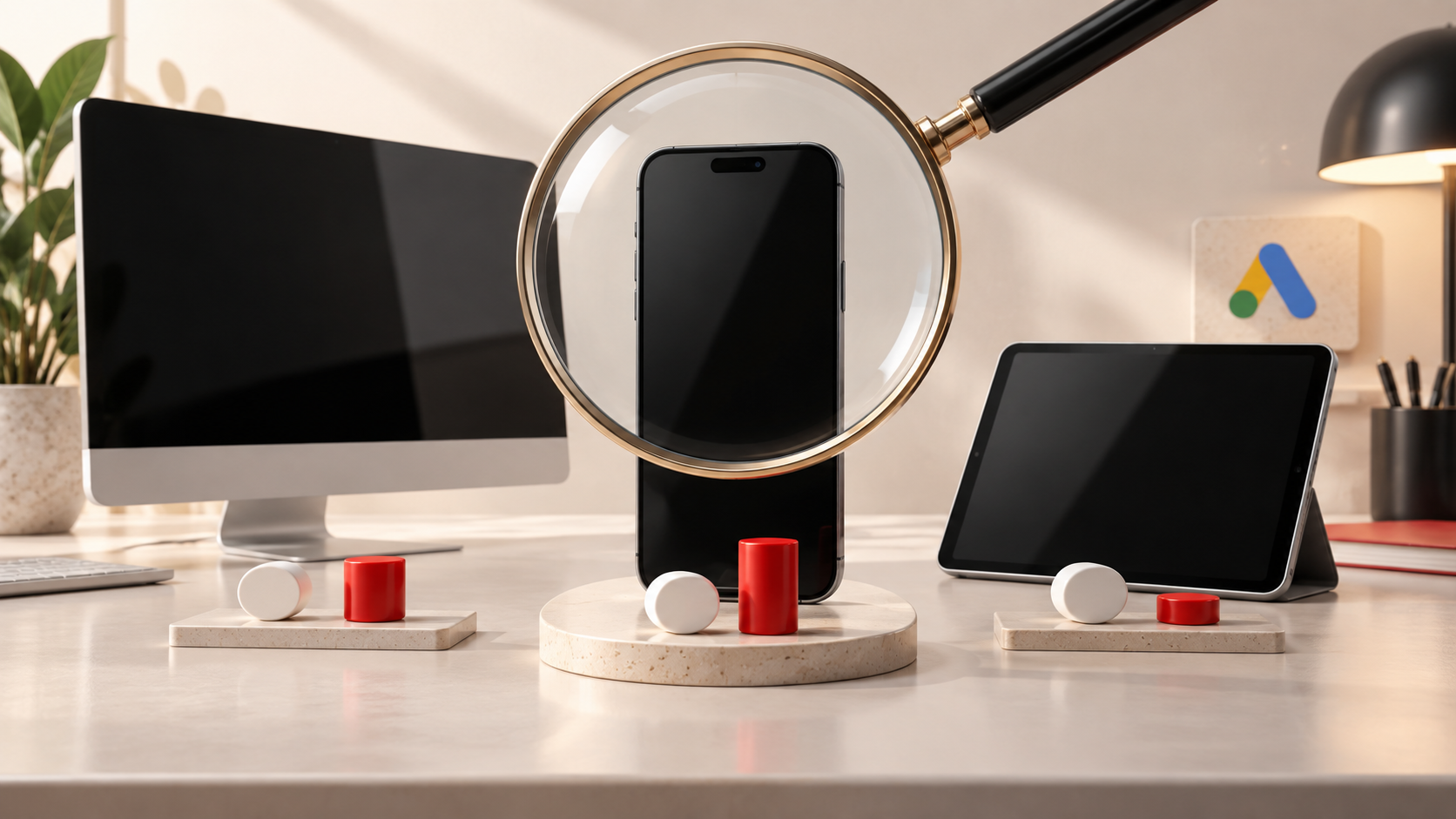 Smartphone, computer e tablet rappresentati su una postazione di analisi Google Ads, con lo smartphone al centro della valutazione delle prestazioni pubblicitarie.