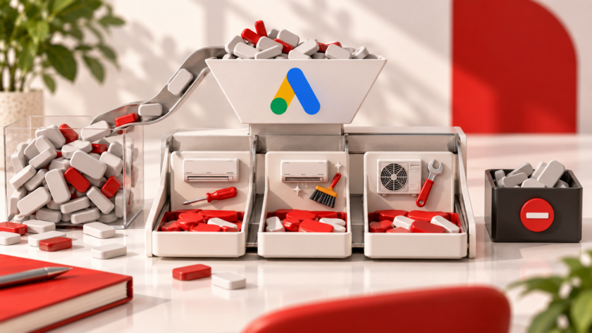 Sistema di selezione delle parole chiave Google Ads con tre gruppi dedicati a installazione, manutenzione e riparazione di climatizzatori.