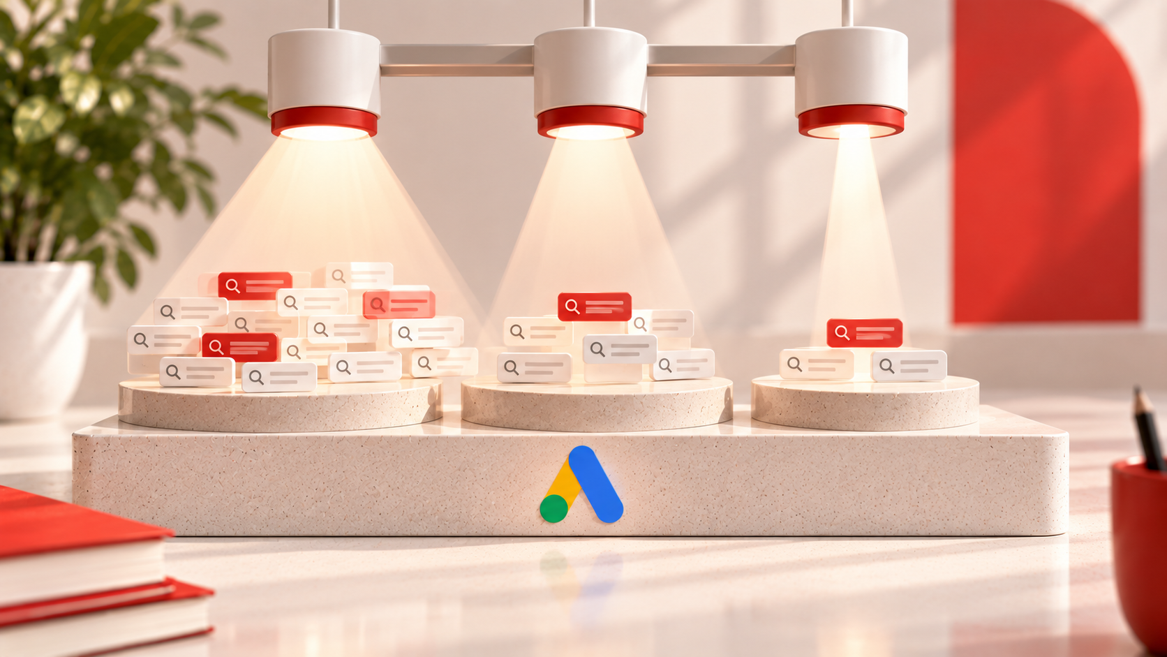 Tre fasci luminosi di ampiezza differente rappresentano la corrispondenza generica, a frase ed esatta delle parole chiave Google Ads.