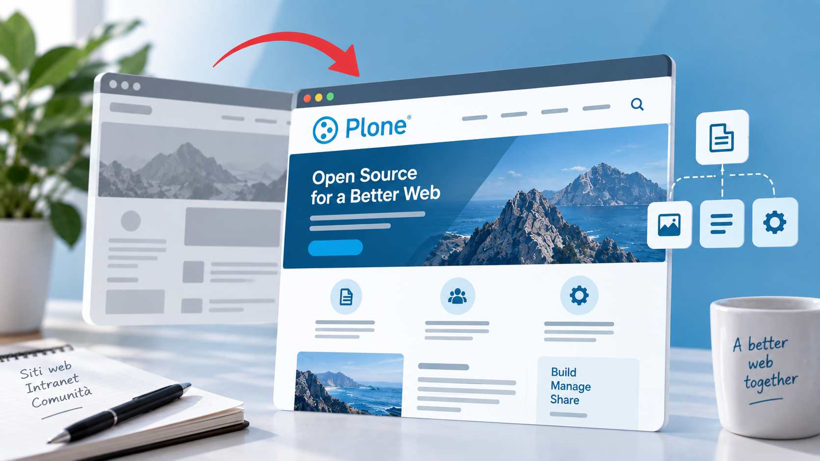 Illustrazione del rinnovamento del sito Plone.org nel 2016, rappresentato da due strutture web sovrapposte.