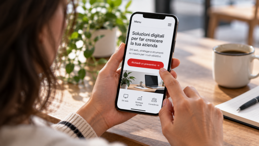 Persona utilizza un sito aziendale da smartphone con menu semplice e pulsante per richiedere un preventivo ben visibile.
