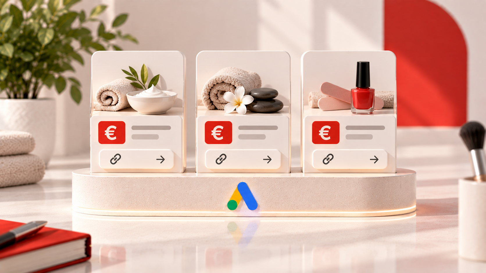 Composizione tridimensionale di tre schede prezzo Google Ads, ciascuna associata a un servizio e alla relativa pagina di destinazione.