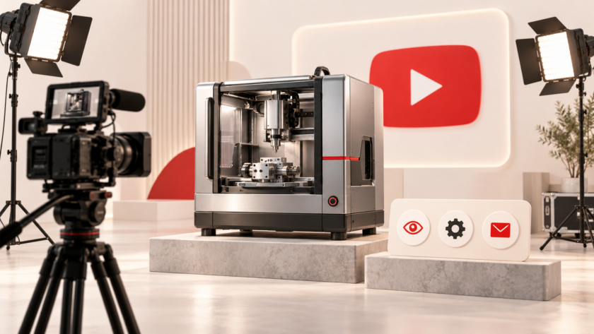 Set di produzione di un video pubblicitario YouTube con una videocamera che riprende un macchinario industriale per mostrarne il funzionamento.