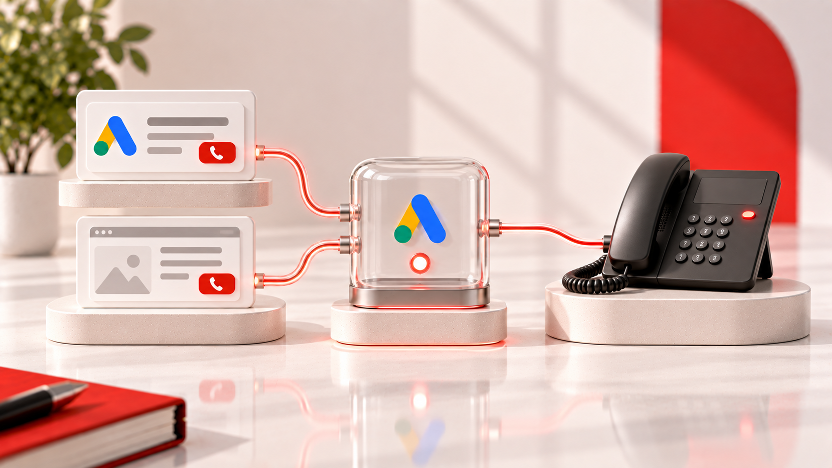 Sistema di tracciamento Google Ads che collega le chiamate provenienti dagli annunci e dal sito web al telefono aziendale tramite un numero di inoltro.
