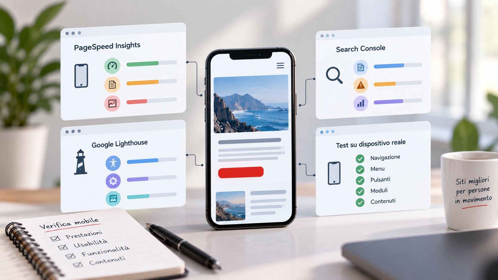 Smartphone con un sito web affiancato dai controlli di PageSpeed Insights, Lighthouse, Search Console e dai test su dispositivo reale.