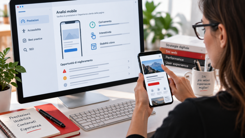 Professionista verifica l'ottimizzazione di un sito mobile confrontando un report delle prestazioni con un test di navigazione su smartphone.