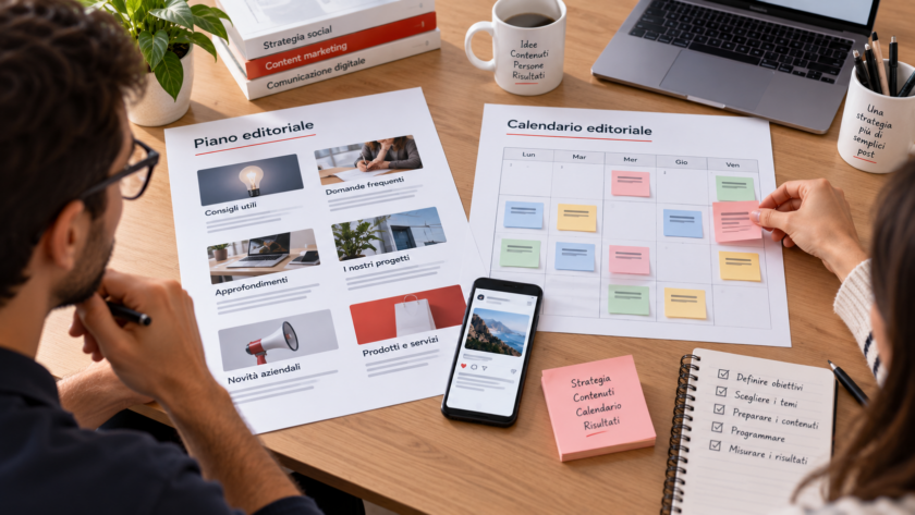 Due professionisti organizzano un piano editoriale social, passando dalla scelta degli argomenti alla programmazione dei contenuti sul calendario.