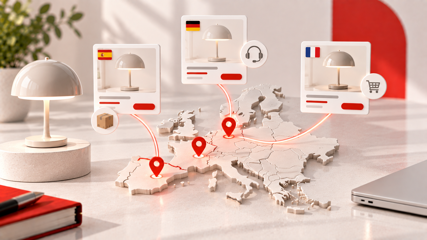 Mappa dell'Europa con Germania, Francia e Spagna collegate a tre campagne localizzate che promuovono la stessa lampada di design.