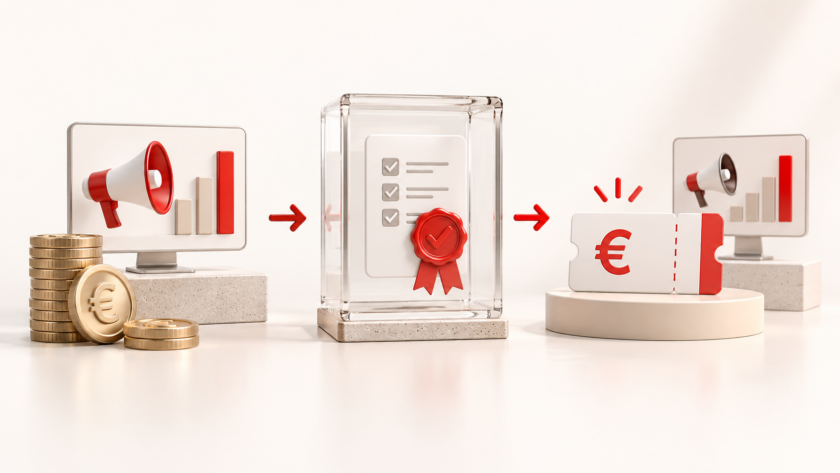 Rappresentazione di un'offerta Google Ads con investimento pubblicitario iniziale, verifica dei requisiti e credito utilizzabile per campagne successive.