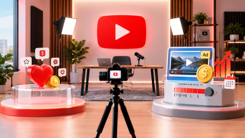 Studio di produzione video con due livelli di accesso alla monetizzazione YouTube: sostegno dei fan e ricavi pubblicitari.