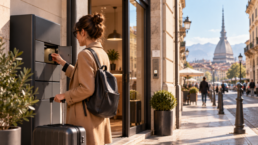 Ospite con trolley mentre utilizza un punto di check-in automatizzato a Torino