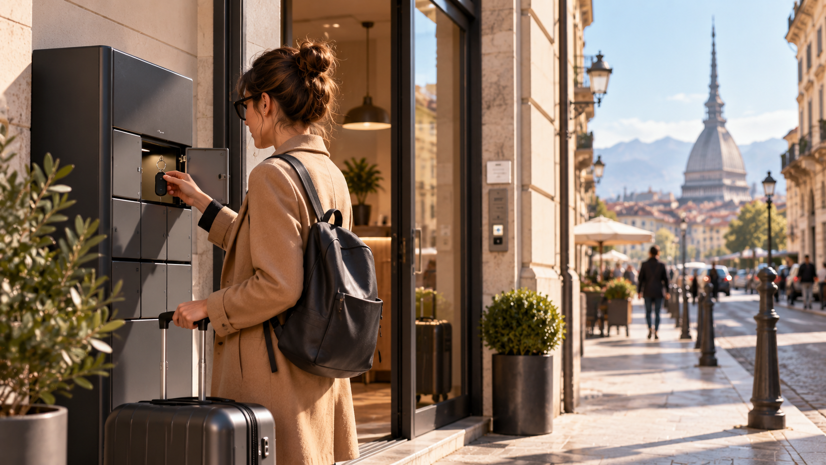 Ospite con trolley mentre utilizza un punto di check-in automatizzato a Torino