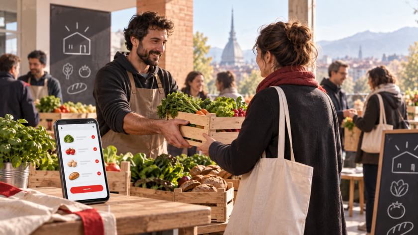 Produttori agricoli e consumatori si incontrano in un punto di distribuzione a Torino per ritirare prodotti locali ordinati attraverso la piattaforma L'Alveare che dice Sì!.