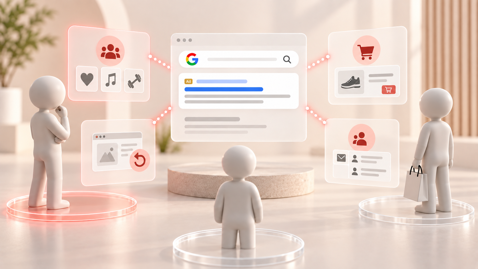Rappresentazione dei segmenti di pubblico collegati a un annuncio Google Ads, con utenti distinti in base a interessi e precedenti interazioni commerciali.