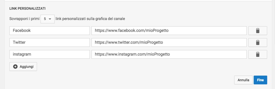 Schermata di modifica dei link di YouTube