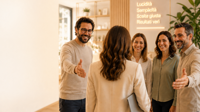 Un gruppo di persone accoglie una visitatrice in un ambiente luminoso: immagine delle pagine di ringraziamento Redomino.