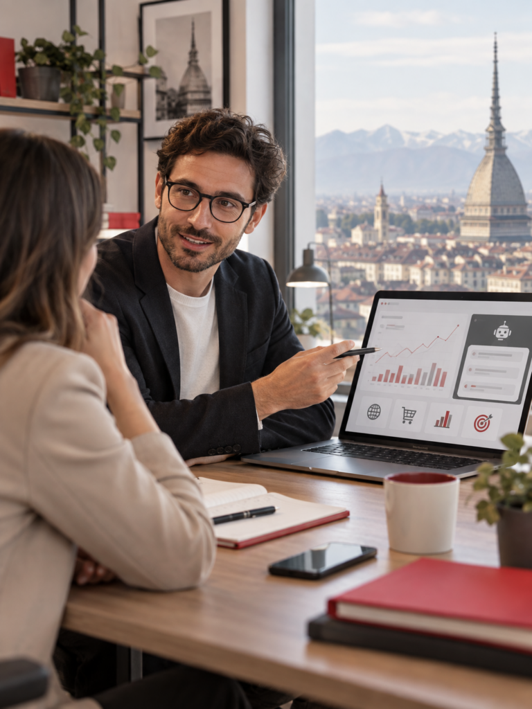Consulente ChatGPT Ads a Torino durante un incontro con una cliente per analizzare campagne pubblicitarie e strategia digitale.