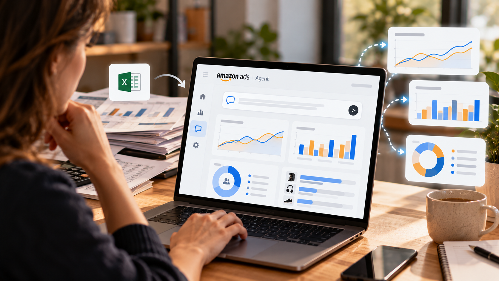 Professionista interroga Amazon Ads Agent sui risultati delle campagne e visualizza confronti, tendenze e dati sui nuovi clienti.