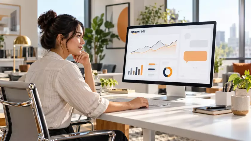 Professionista consulta grafici e domande sui risultati delle campagne Amazon Ads