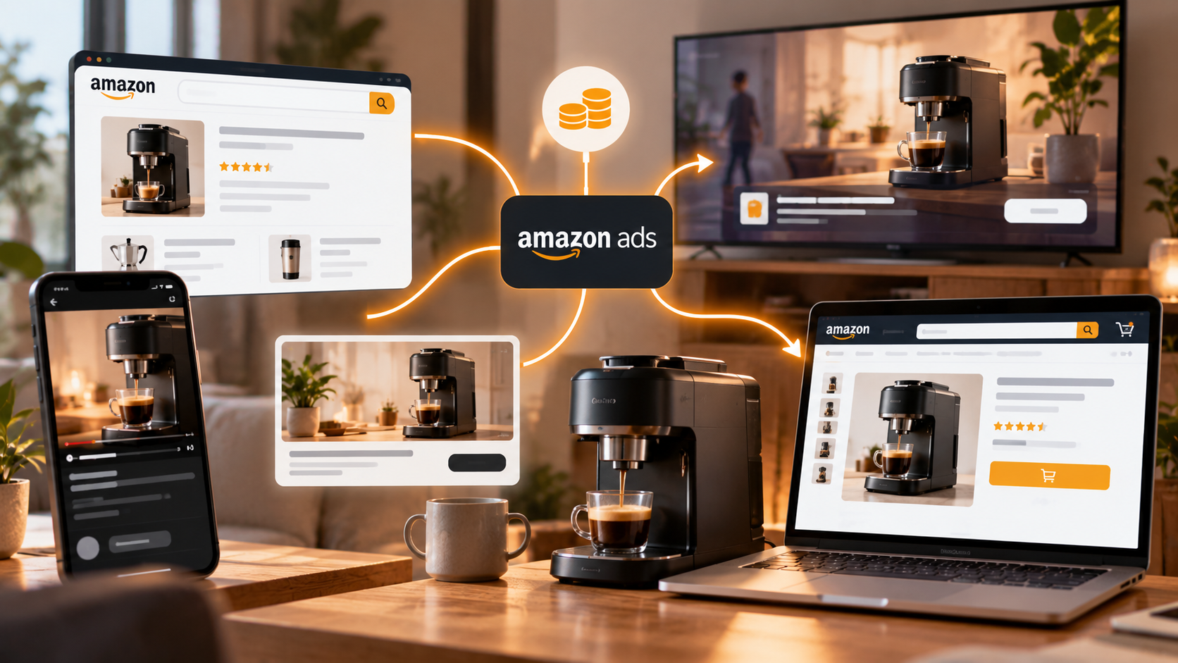 Un unico budget Amazon Ads distribuito tra annunci sponsorizzati, display, video e streaming lungo il percorso dalla scoperta all’acquisto.