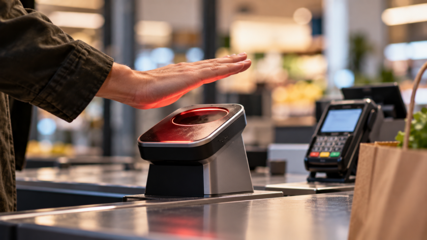 Mano sopra un lettore biometrico per il pagamento con il palmo, rappresentato come una tecnologia ormai fuori uso.