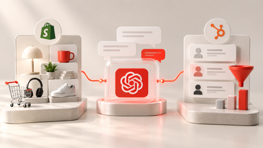 Rappresentazione delle integrazioni di ChatGPT Ads con Shopify e HubSpot, attraverso un catalogo ecommerce e un sistema di gestione dei contatti commerciali.