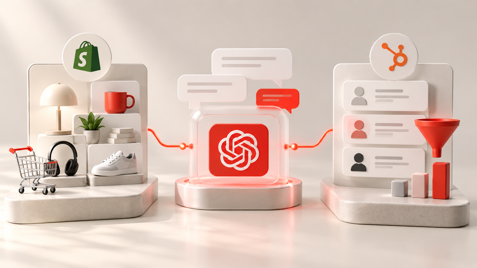 Rappresentazione delle integrazioni di ChatGPT Ads con Shopify e HubSpot, attraverso un catalogo ecommerce e un sistema di gestione dei contatti commerciali.