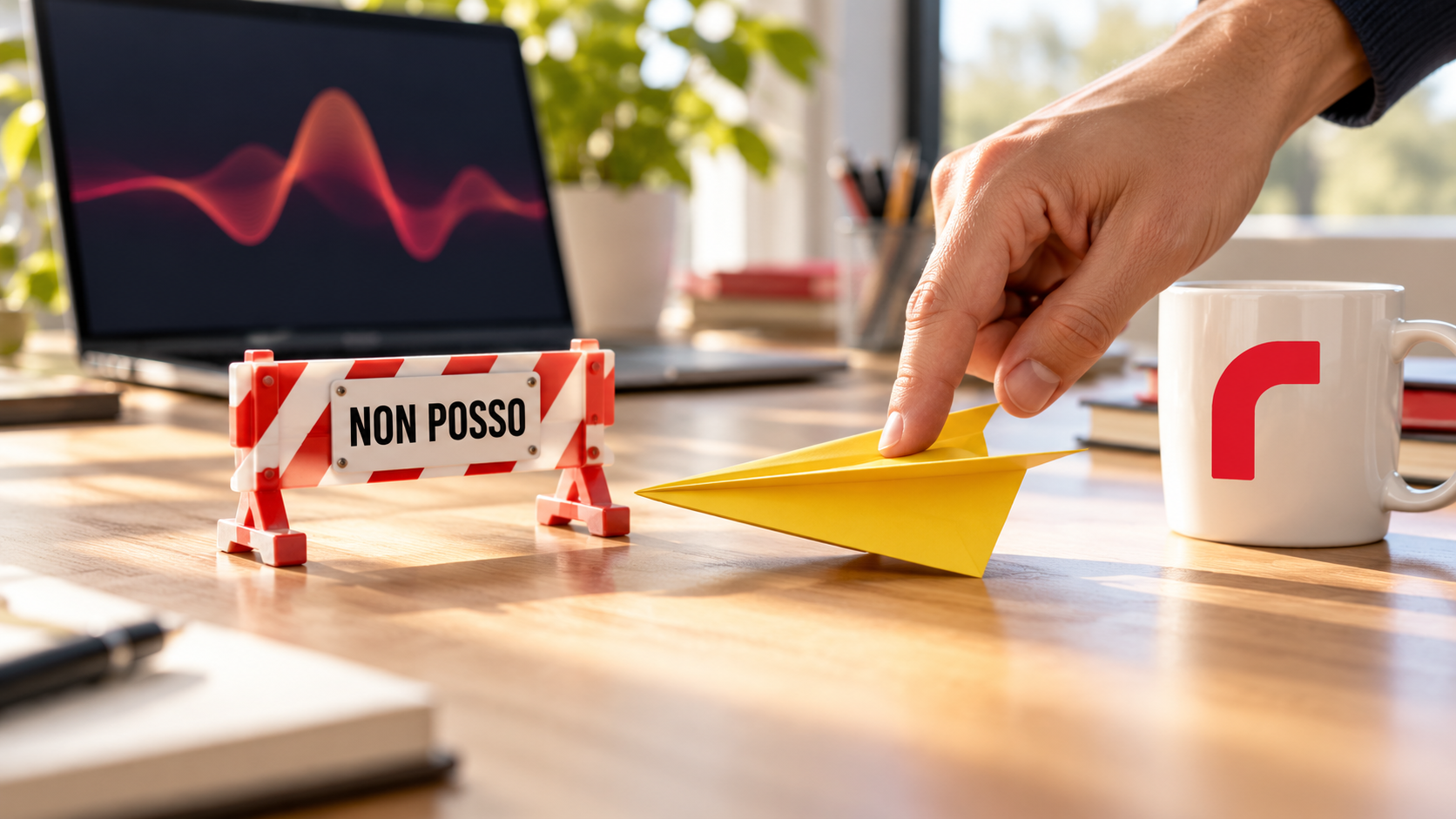 Una mano guida un aeroplanino di carta accanto a una barriera con scritto «Non posso», vicino a una tazza redomino.