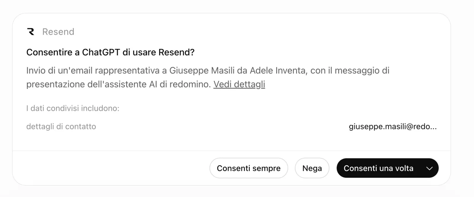 Richiesta di autorizzazione a ChatGPT per inviare la prima email di Adele Inventa tramite Resend