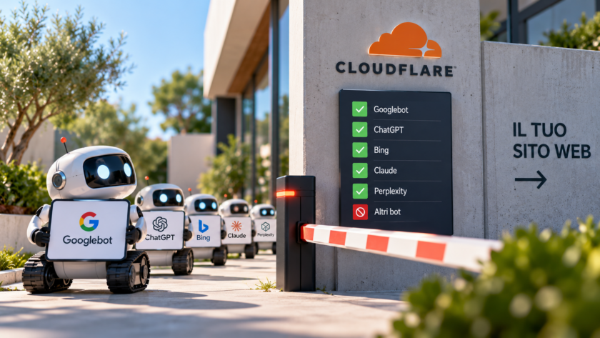 Crawler di Google e strumenti AI davanti a un controllo Cloudflare che regola l’accesso a un sito web