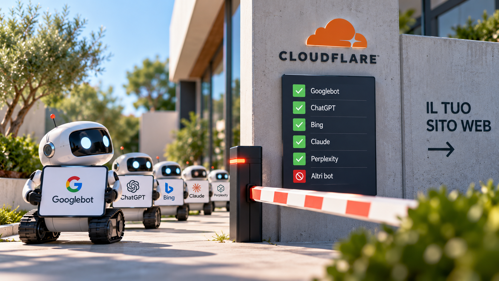 Crawler di Google e strumenti AI davanti a un controllo Cloudflare che regola l&rsquo;accesso a un sito web