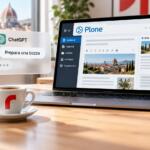 Illustrazione del collegamento tra ChatGPT e Plone, con un editor di contenuti e la tazza redomino.