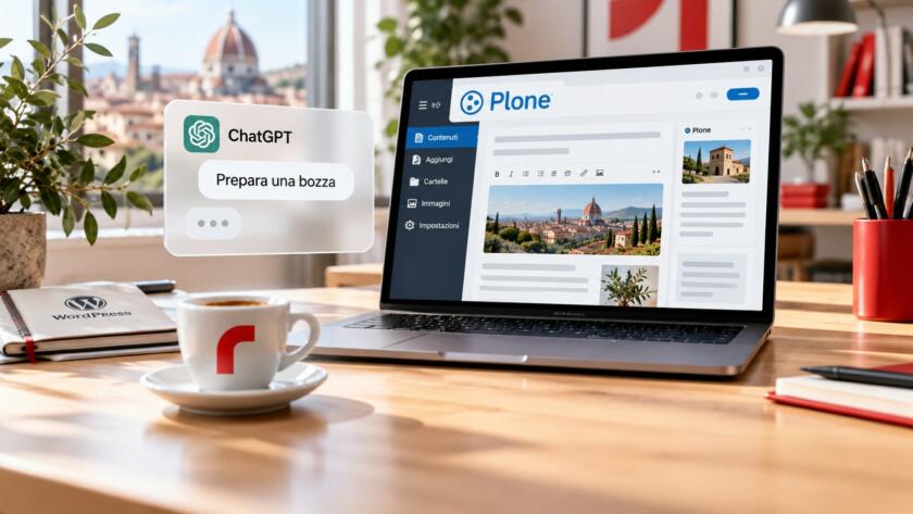 Illustrazione del collegamento tra ChatGPT e Plone, con un editor di contenuti e la tazza redomino.