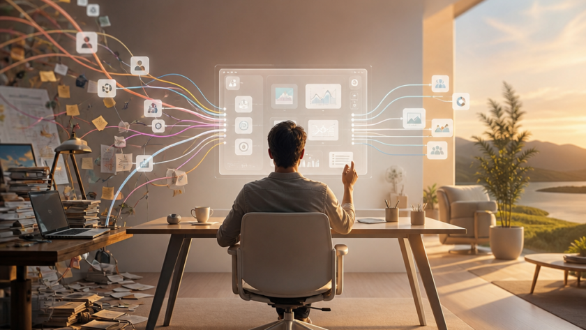 AI e lavoro: una persona dirige strumenti di intelligenza artificiale riducendo la complessità