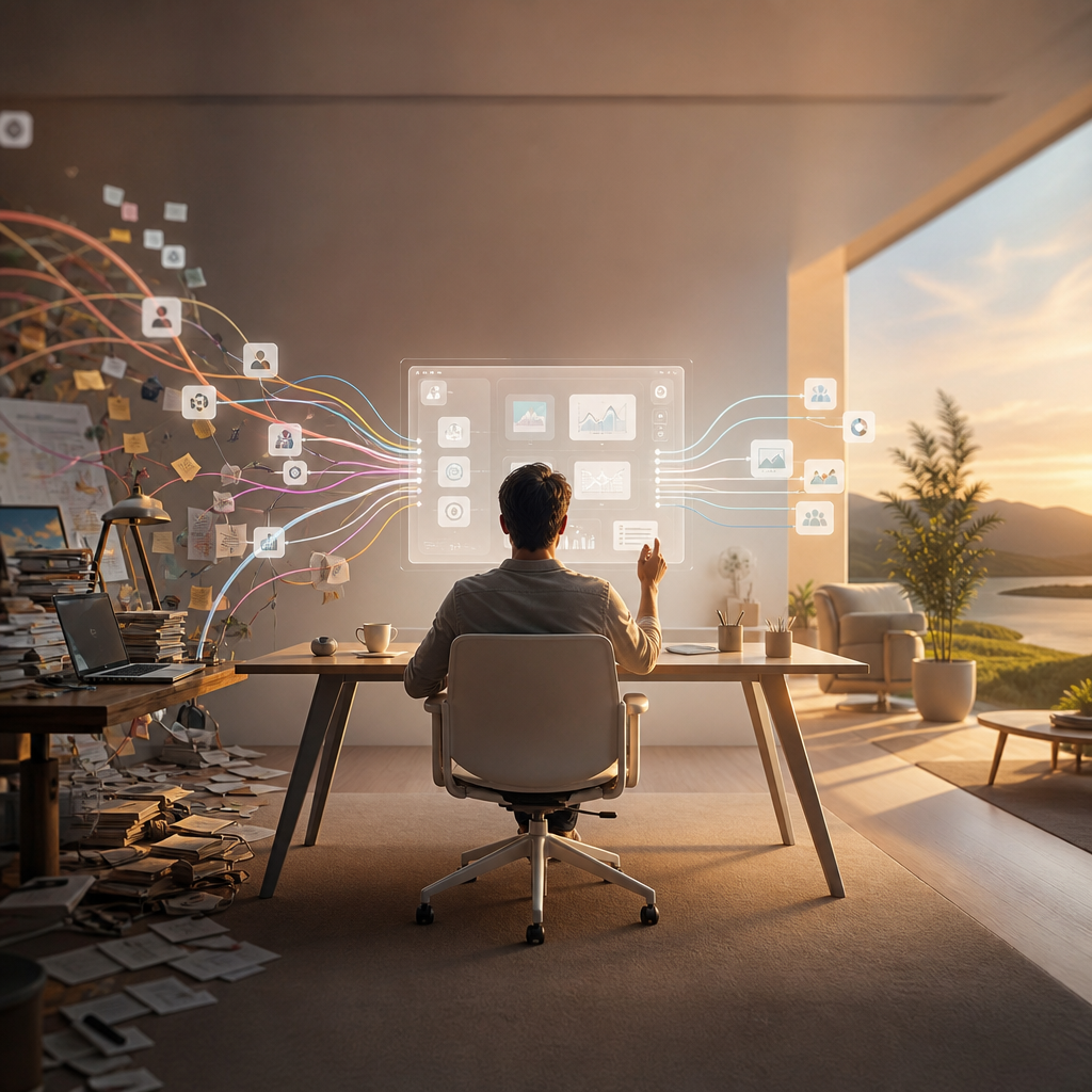 AI e lavoro: una persona dirige strumenti di intelligenza artificiale riducendo la complessit&agrave;