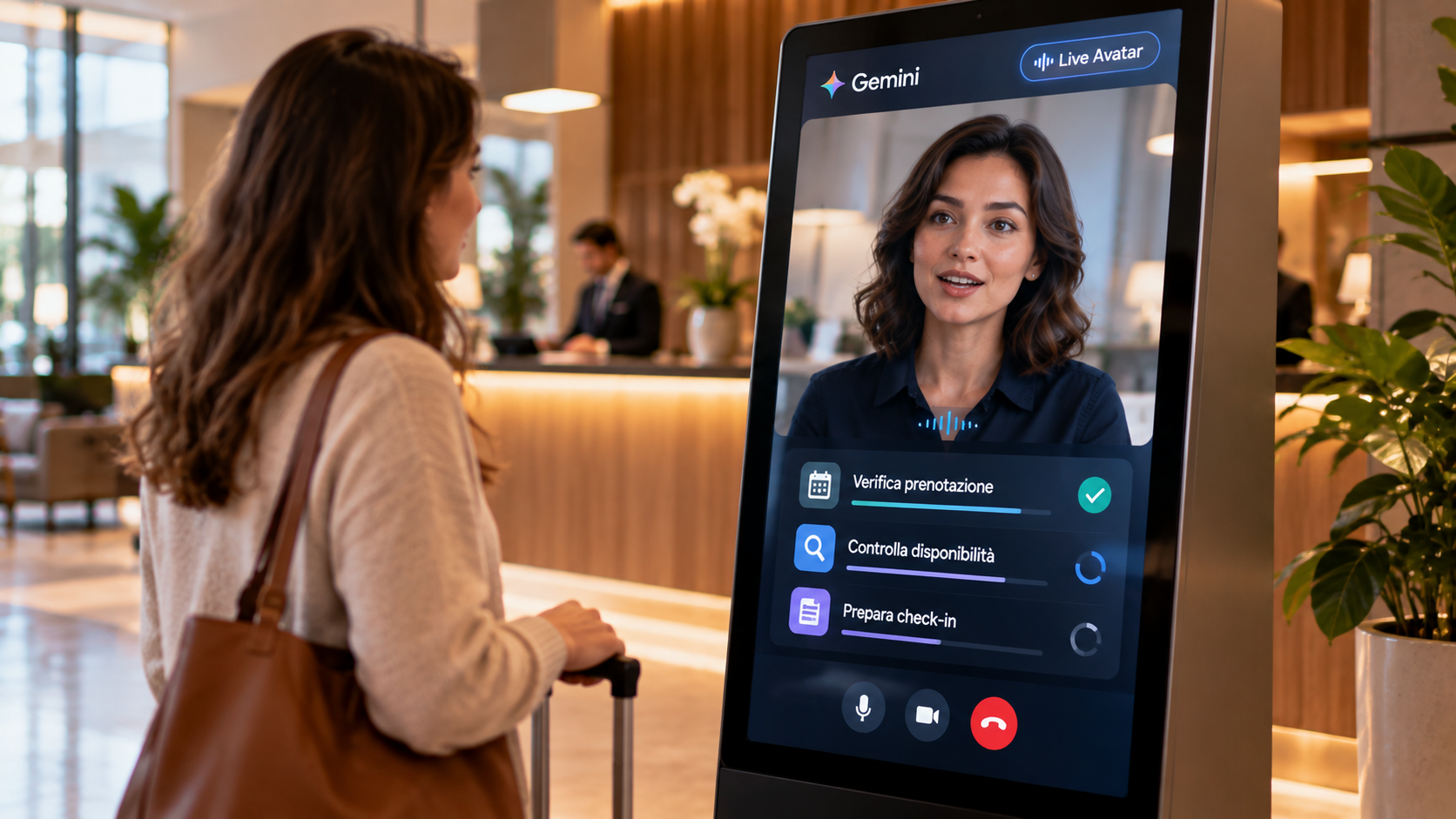 Ospite conversa con Gemini Live Avatar mentre l&rsquo;assistente AI verifica informazioni e utilizza strumenti collegati in tempo reale.