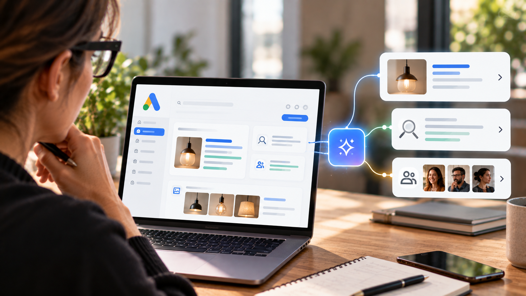 Consulente utilizza Google Ads con intelligenza artificiale per definire annunci, ricerche e pubblico di una campagna.
