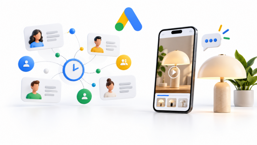 Profili clienti e orologio accanto a uno smartphone con una lampada e un fumetto, sotto il logo Google Ads.