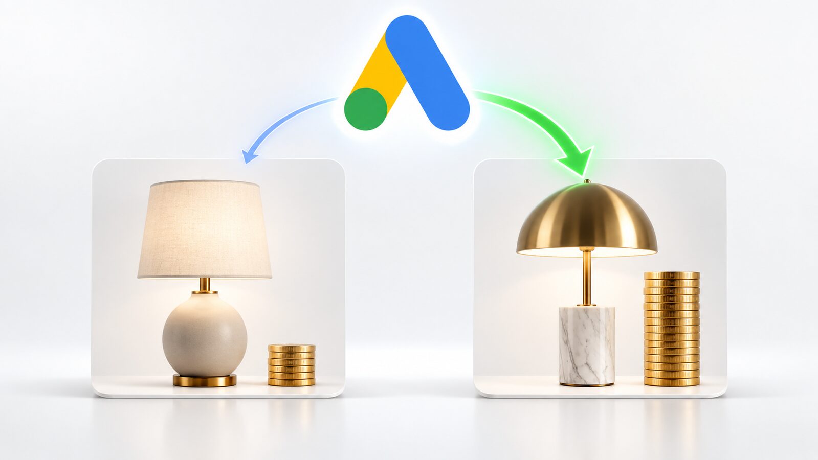 Logo Google Ads sopra due lampade da 100 euro con margini di 15 e 50 euro