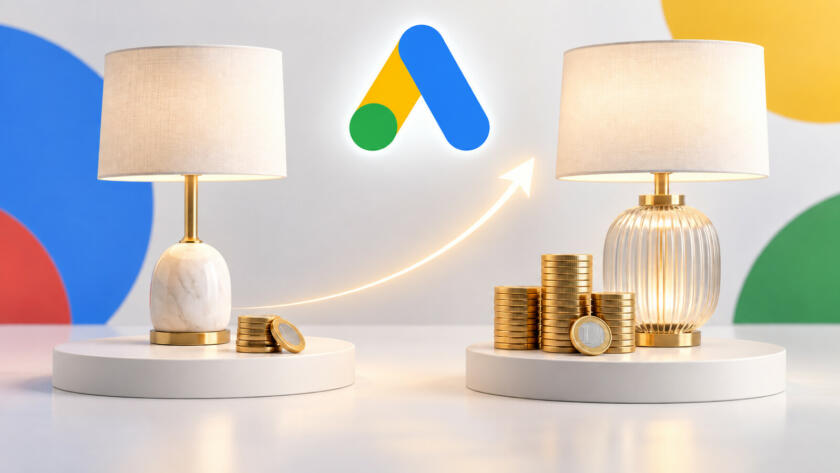 Logo Google Ads sopra due prodotti con margini diversi e una freccia di crescita