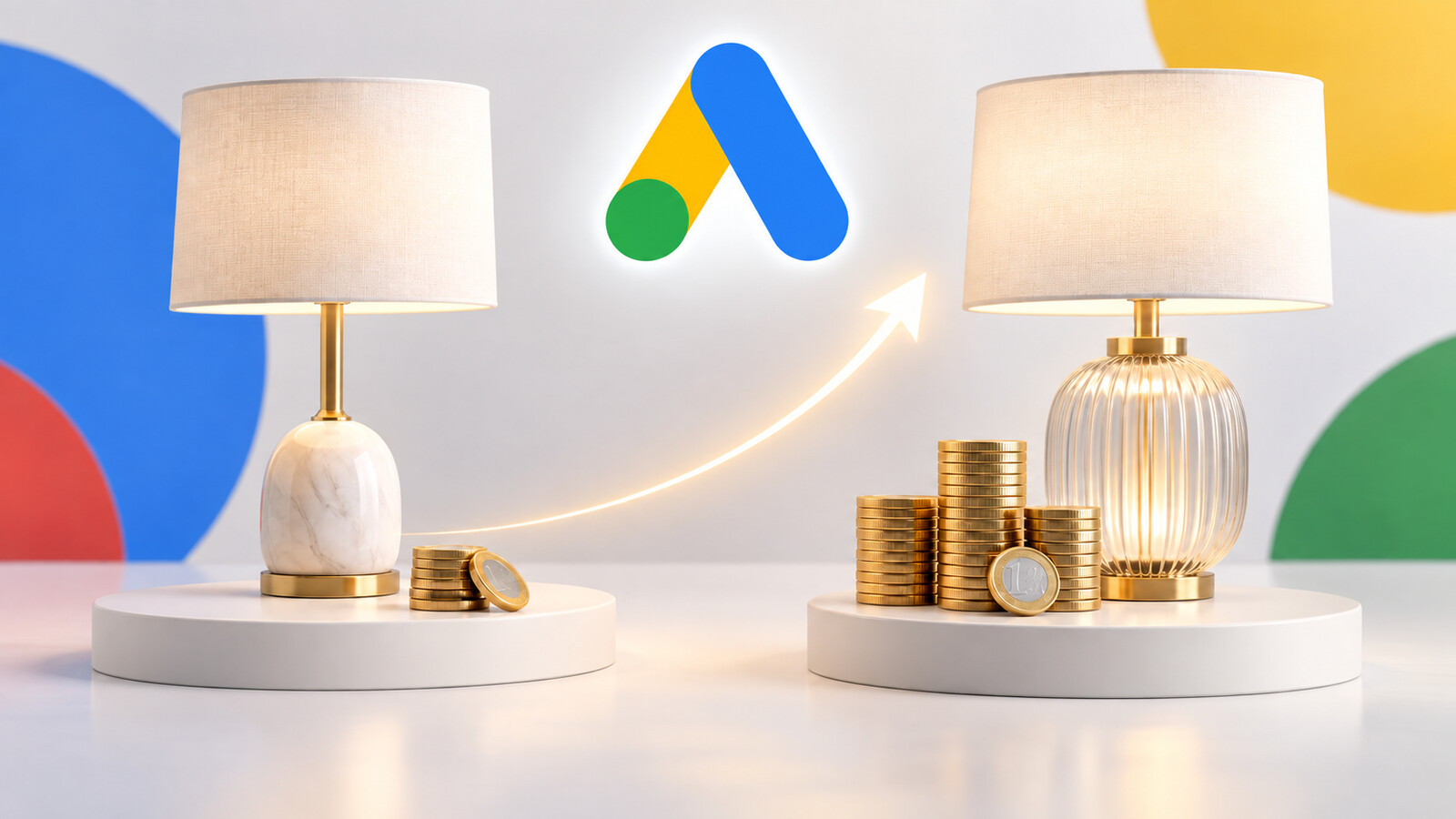 Logo Google Ads sopra due prodotti con margini diversi e una freccia di crescita